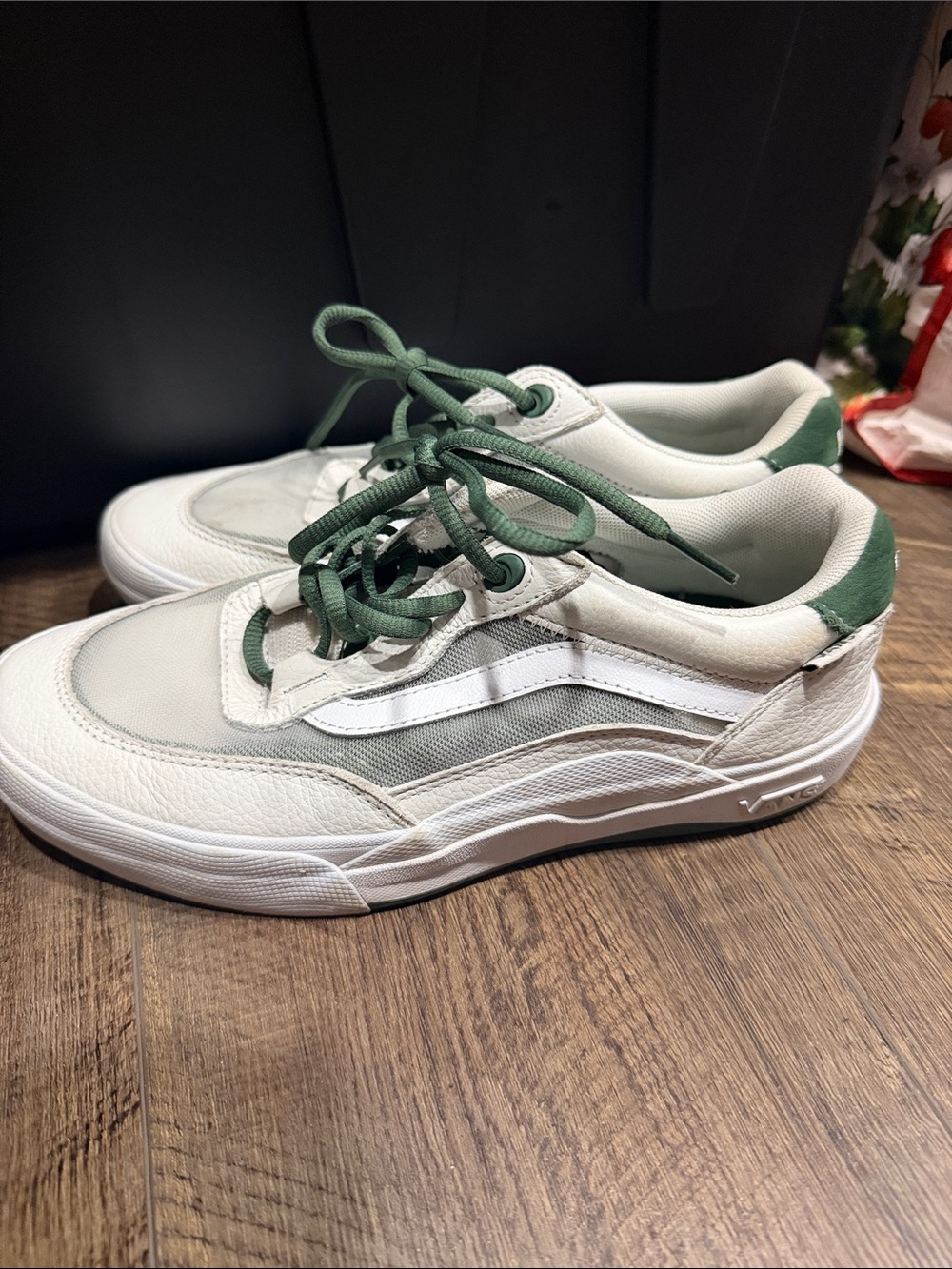 Vans White Sneakers with Forest Green Accents